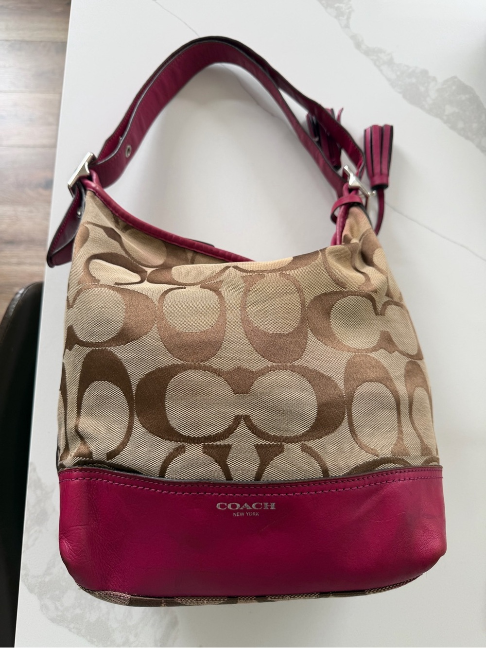COACH  LEGACY Duffle Khaki/Magenta Signature& Leather Crossbody Shoulder Handbag